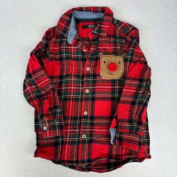 Next Red Tartan Reindeer Long Sleeve Button Up 2-3 - Picture 1 of 7